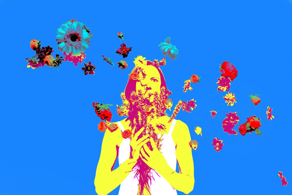 Highly colorized portrait on a bright blue background, with a yellow and pink toned figure holding a bouquet of flowers in front of their chest. A diagonal splash of red, cyan and yellow flower blossoms are tossed mid-air in front of the figure.