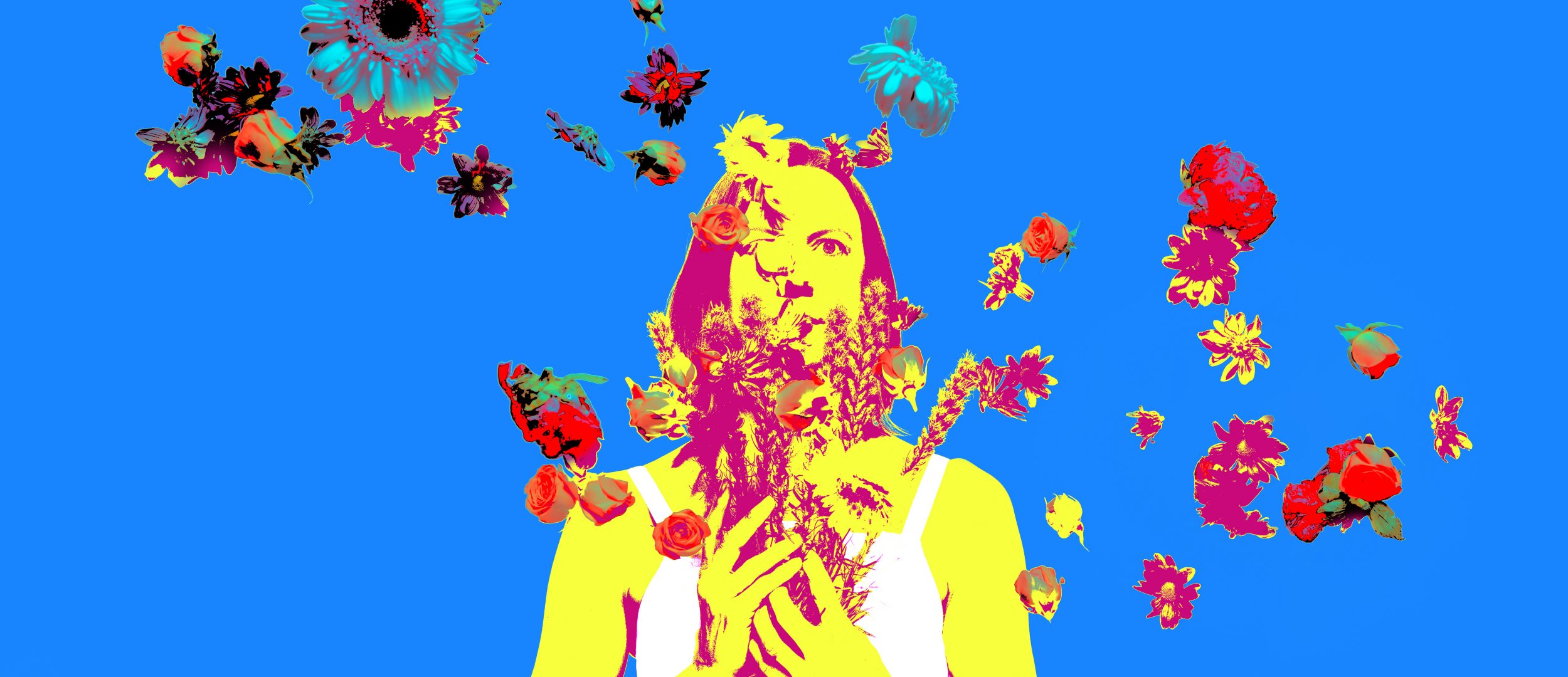 Highly colorized portrait on a bright blue background, with a yellow and pink toned figure holding a bouquet of flowers in front of their chest. A diagonal splash of red, cyan and yellow flower blossoms are tossed mid-air in front of the figure.